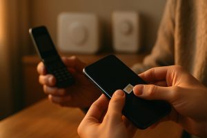 Yngre person sätter nano-SIM i smartphone medan äldre flip-telefon visar VoLTE