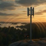 Modern mobilmast på klippa sprider 5g-täckning över skog i gyllene timmen