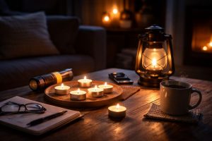 Ett vardagsrum upplyst av värmeljus under ett strömavbrott.