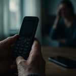 Äldre person håller gammal telefon bredvid smartphone i köket, 112 och 2g-3g-avvecklingen