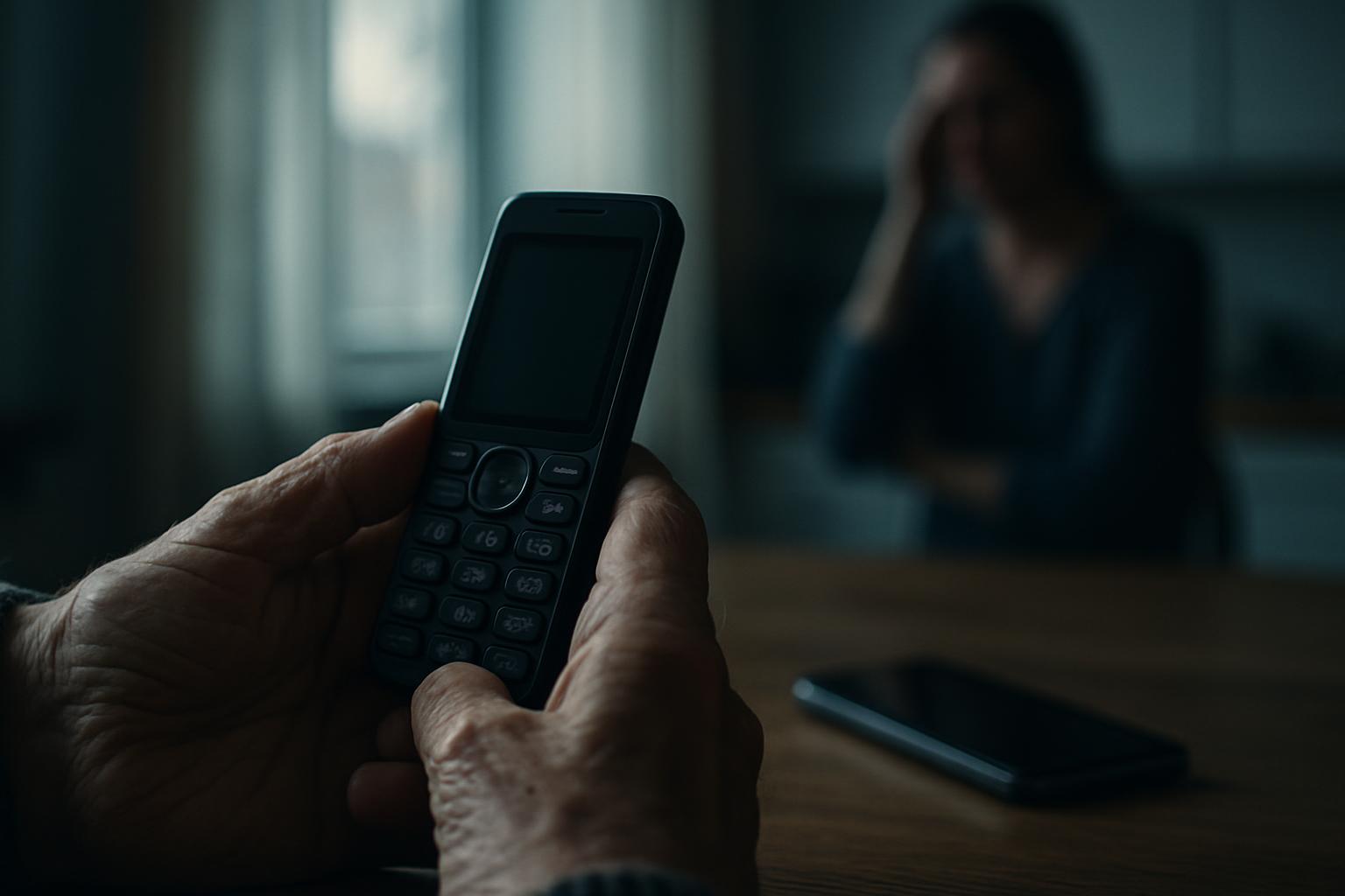 Äldre person håller gammal telefon bredvid smartphone i köket, 112 och 2g-3g-avvecklingen