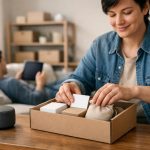 En lugn vardagsrumsscen där en person monterar en modulär abonnemangsbox.