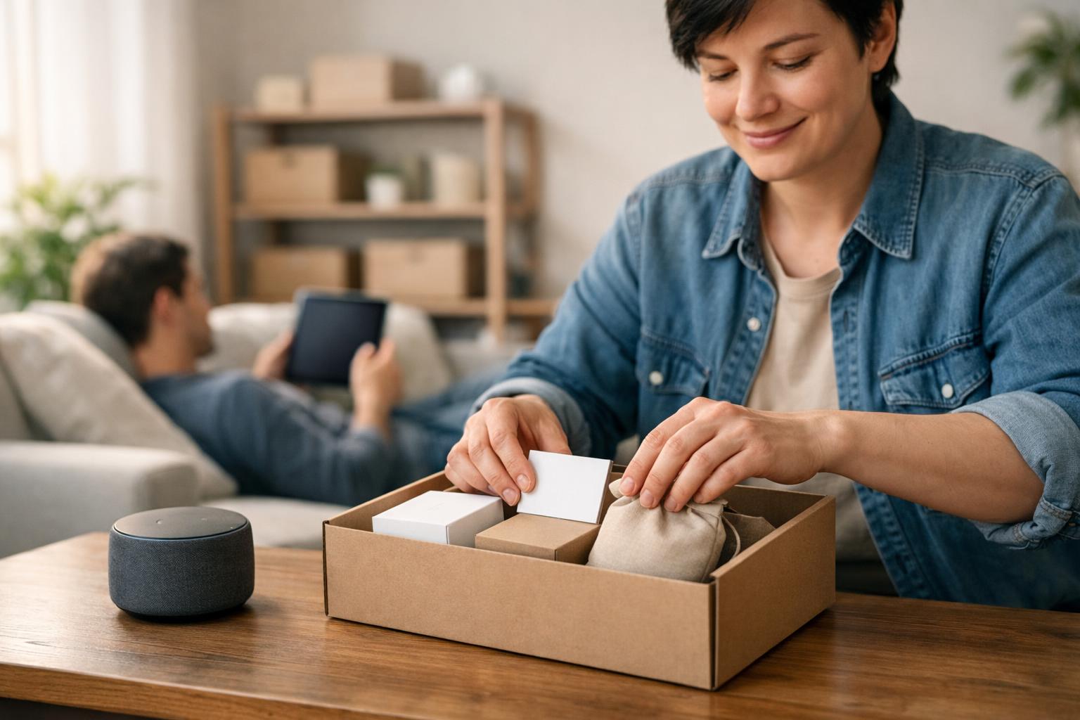En lugn vardagsrumsscen där en person monterar en modulär abonnemangsbox.