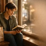 Person i en mysig bokhandel läser en pocketbok och lyssnar på en ljudbok.