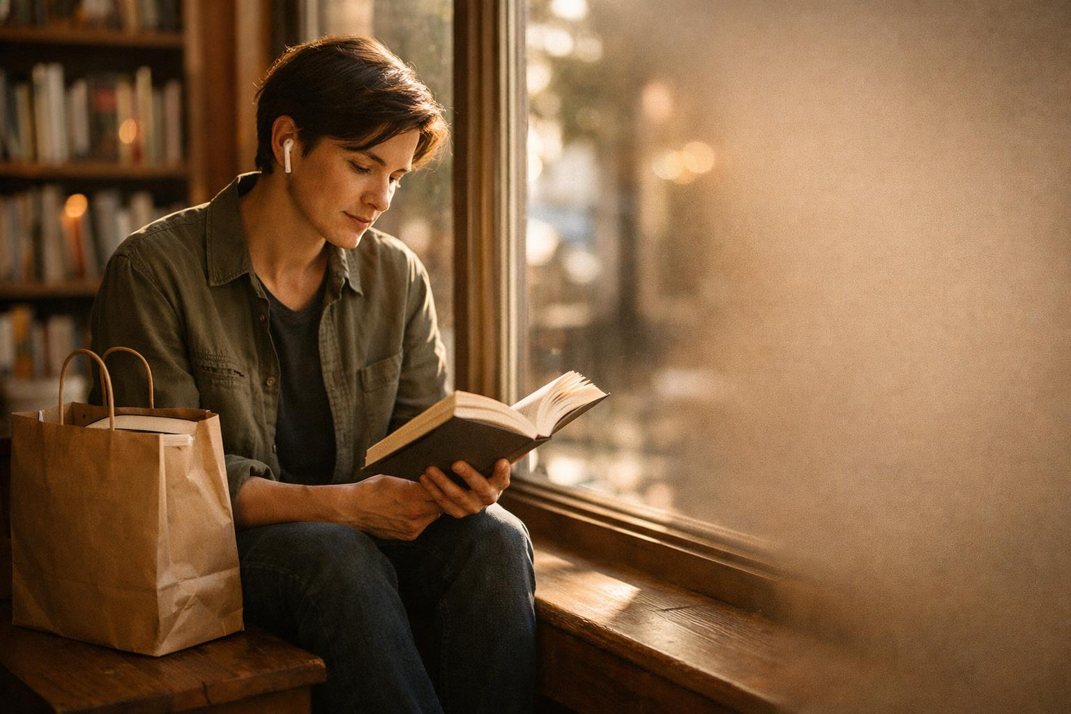 Person i en mysig bokhandel läser en pocketbok och lyssnar på en ljudbok.