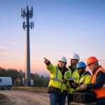 Mobilmast vid gryning med synliga vastar och tekniker vid basen i beredskap