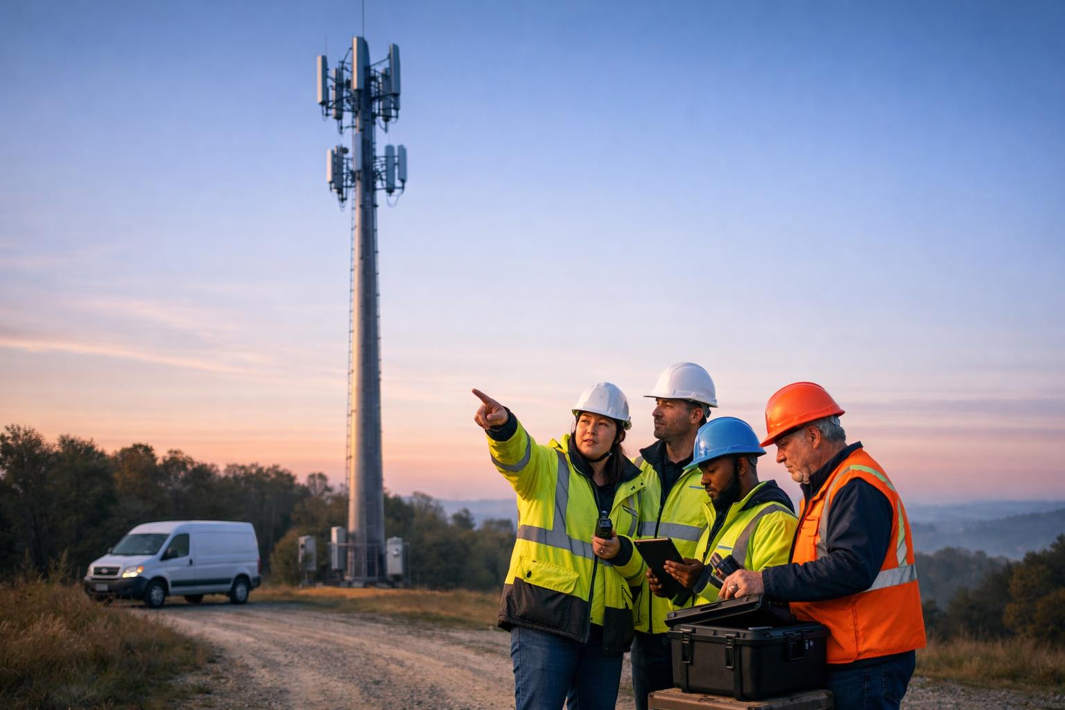 Mobilmast vid gryning med synliga vastar och tekniker vid basen i beredskap