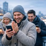 Urban vintergrupp på en gångbro tittar på sina mobiler och ler åt 5G-streaming.
