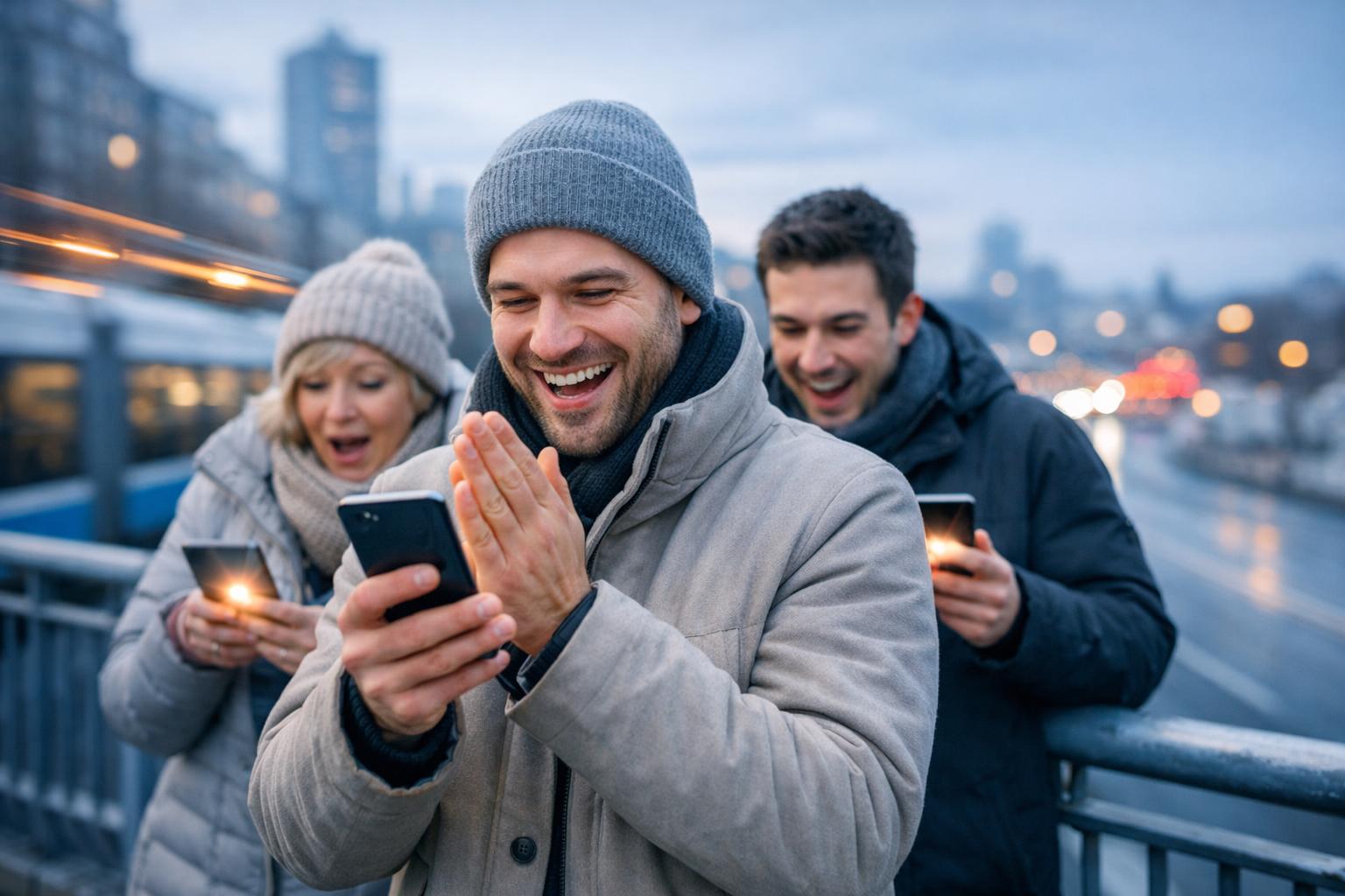 Urban vintergrupp på en gångbro tittar på sina mobiler och ler åt 5G-streaming.