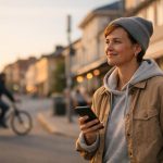 En person i svensk stad vid gyllene timmen håller en smartphone, nöjd blick.