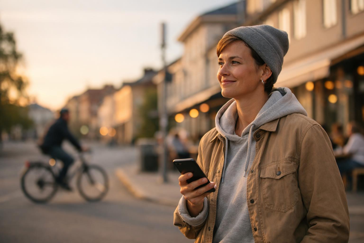En person i svensk stad vid gyllene timmen håller en smartphone, nöjd blick.