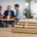 Tre personer i affärskläder vid ett högt bord diskuterar paketlösningar.