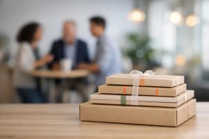 Tre personer i affärskläder vid ett högt bord diskuterar paketlösningar.