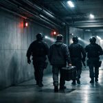 Fyra personer i säkerhetsutrustning rör sig i en underjordisk datacenterkorridor.