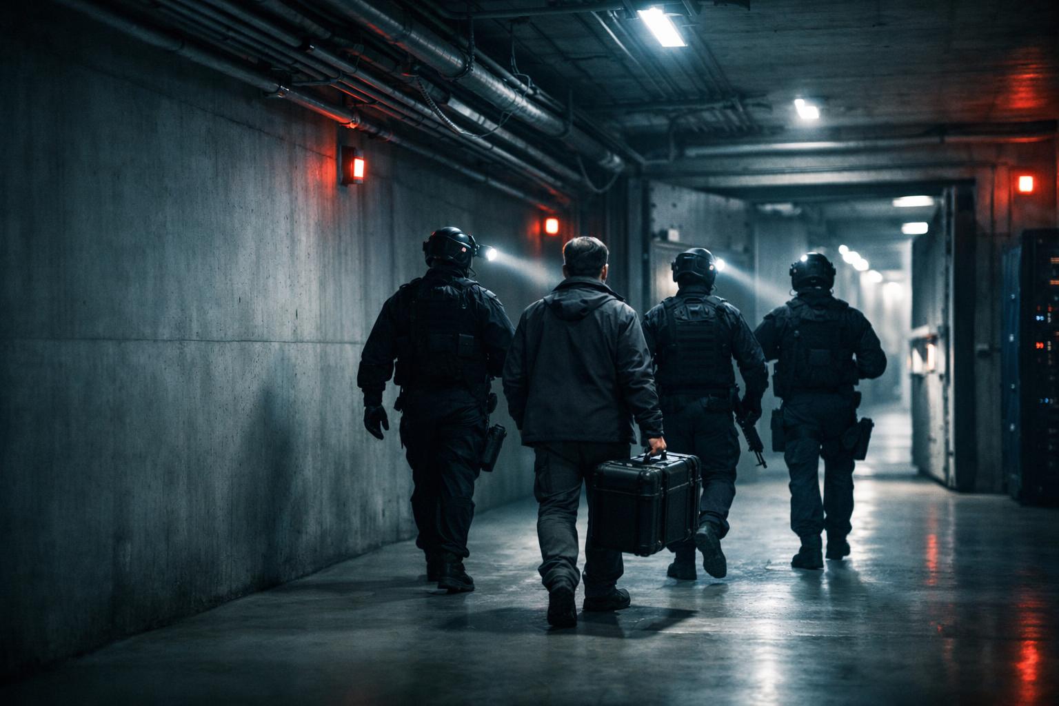 Fyra personer i säkerhetsutrustning rör sig i en underjordisk datacenterkorridor.