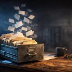 Dim arbetsplats med ett öppet arkivskåp och kort som försvinner i mörkret.