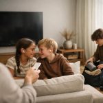 Familj i modernt vardagsrum lyssnar tillsammans vid avstängd TV