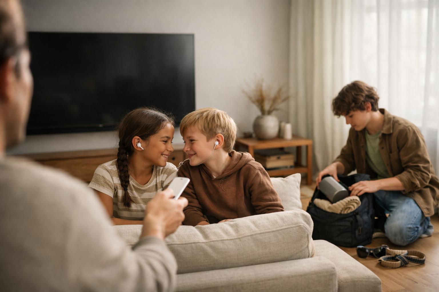 Familj i modernt vardagsrum lyssnar tillsammans vid avstängd TV