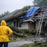 Villa efter storm med fallna träd och blå presenning över taket.