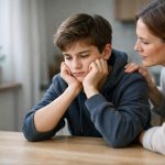 Förälder och tonåring i svenskt kök samtalar om oro för AI