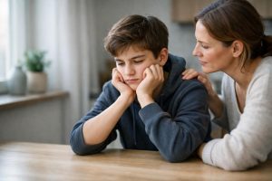 Förälder och tonåring i svenskt kök samtalar om oro för AI