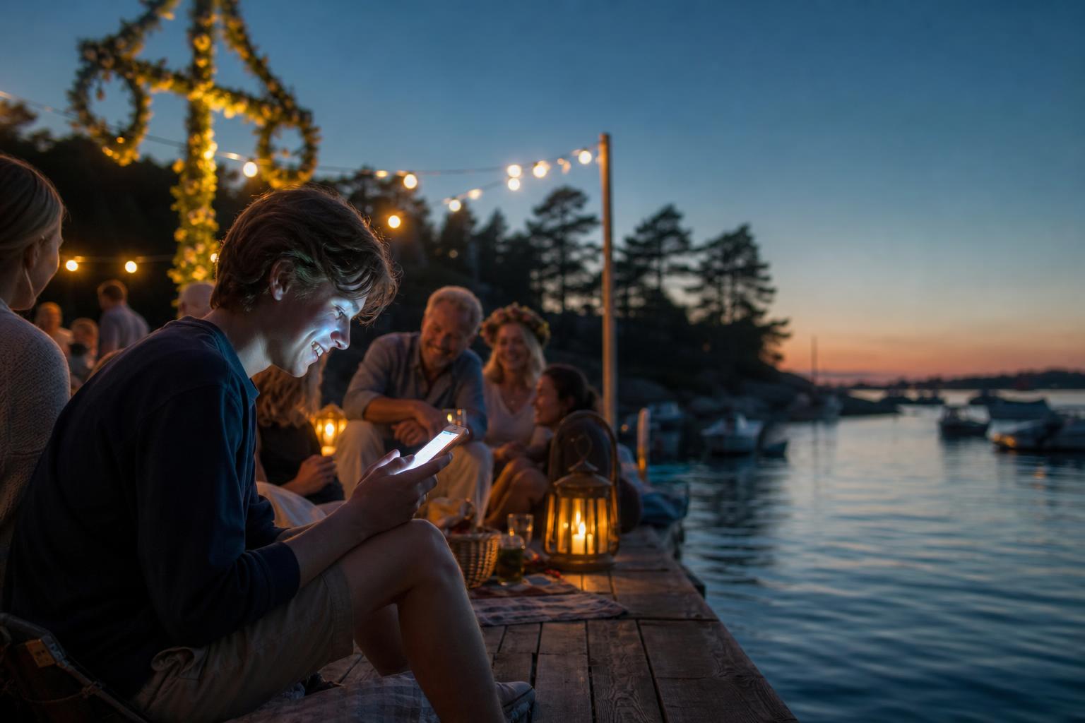 Ung person på brygga i skärgården under midsommarkvällen chattar med vänner på mobilen.