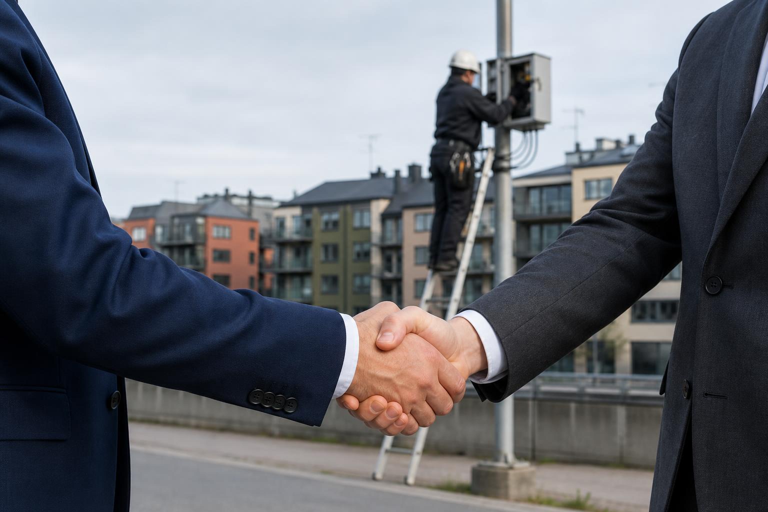 Två affarsfolk skakar hand i forgrund medan en obrandad fiberbox syns i bakgrunden